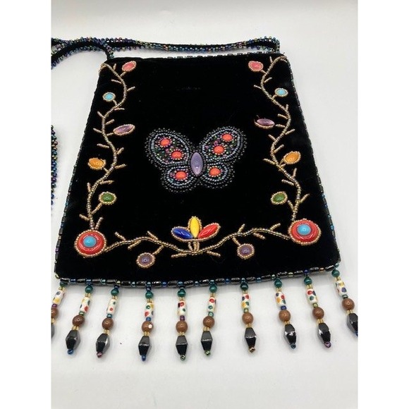 Black Beaded 100% Silk Velvet Crossbody Bag Butterfly Embellished Zippered - Picture 2 of 8